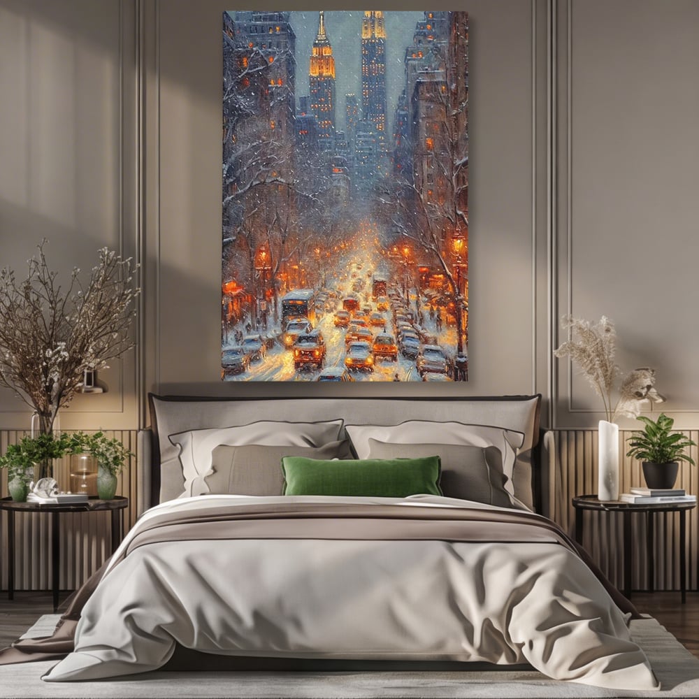 Tablou canvas cu pictura cu bulevard inzapezit si masini, fara rama, pe sasiu de lemn, pe perete intr-un dormitor